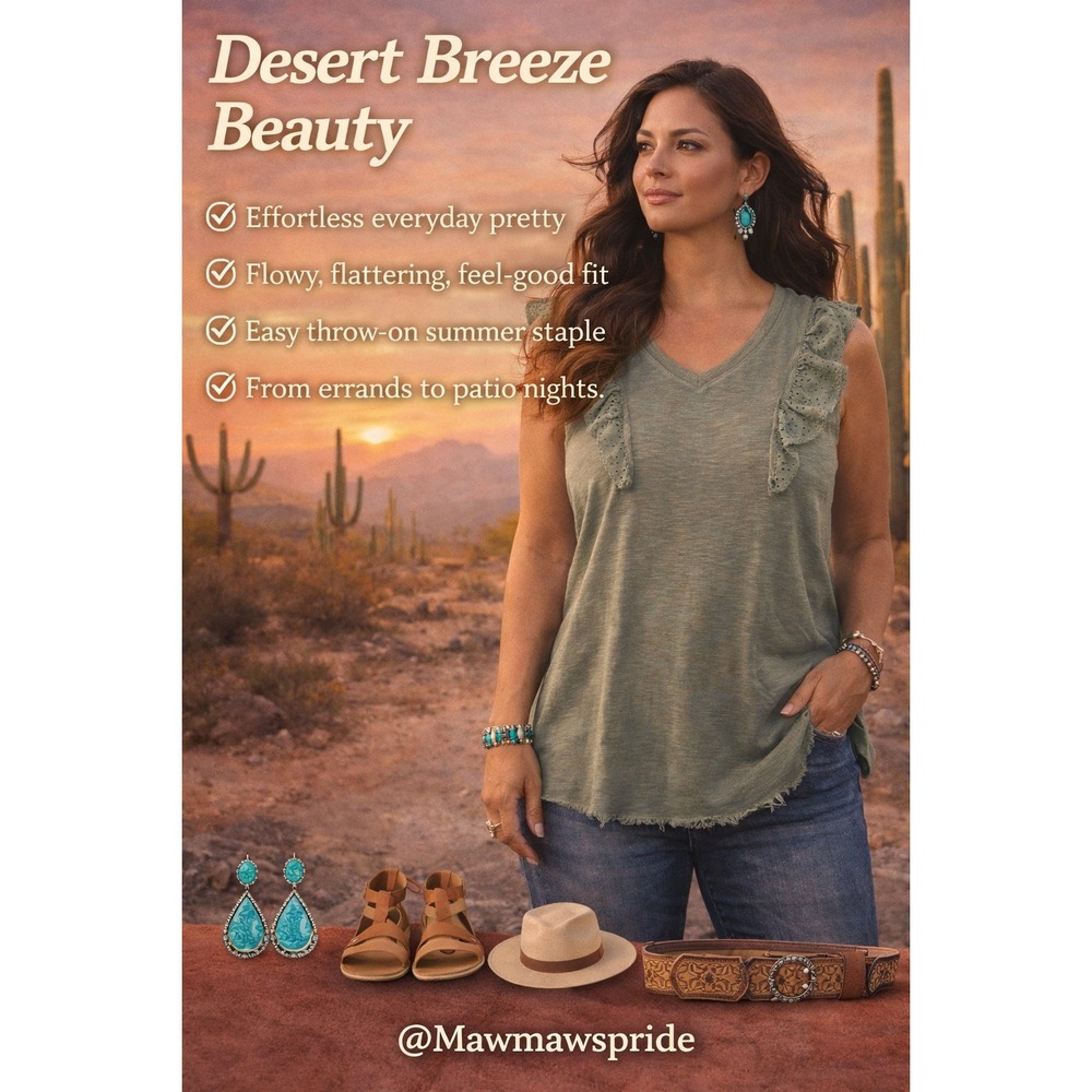 DESERT BREEZE BEAUTY Terra & Sky Eyelet Mix Knit‎ Top Sleeveless V-Neck 0X 14W